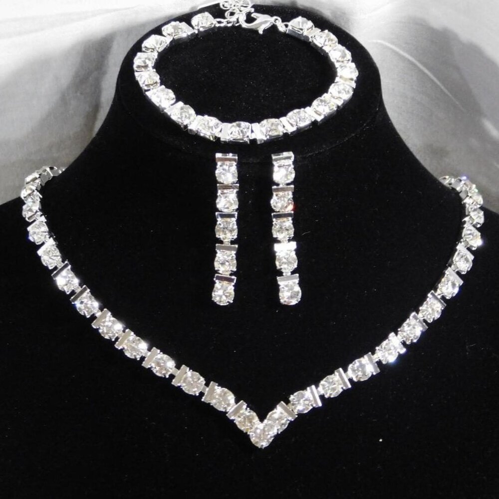 3PC Necklace & Earrings and Bracelet Set Diamond Crystal Silver Wedding set